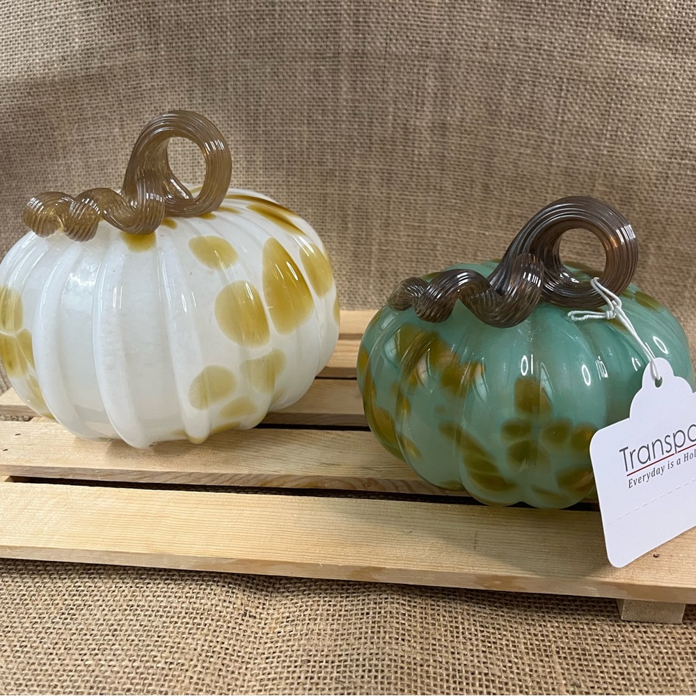 Transpac Glass Dots & Streaks Pumpkins S/2 Brand New